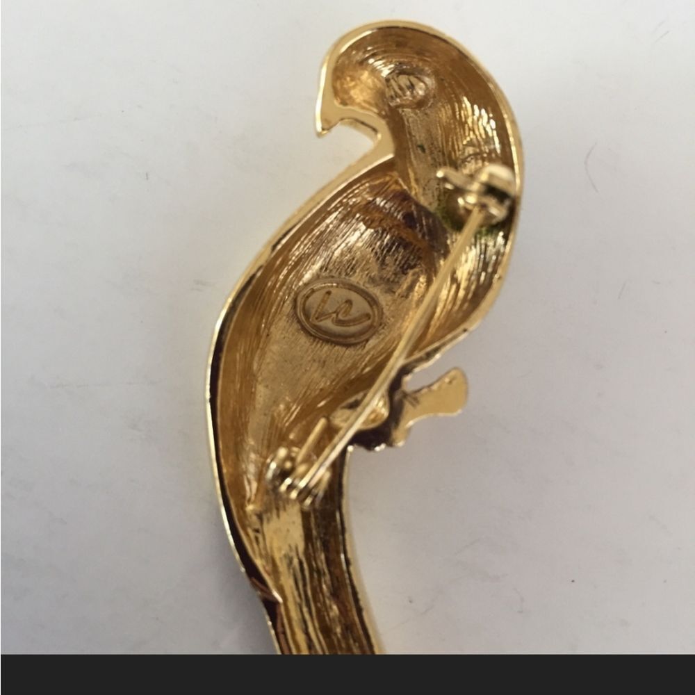 Vtg Liz Claiborne Brooch Gold Tone Rhinestone Yellow Green Enamel Bird 2.6" EUC - Picture 6 of 7